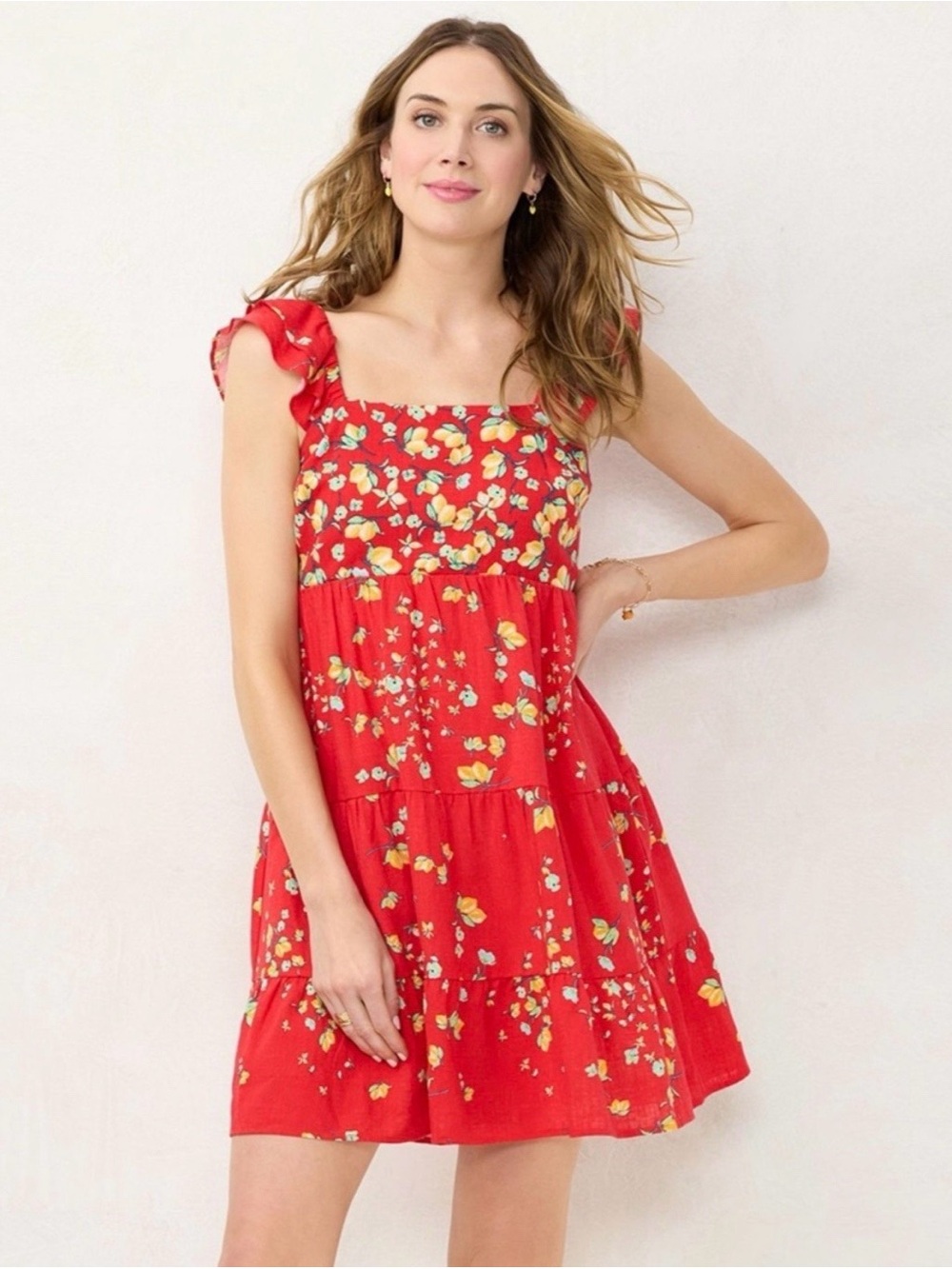 LC Lauren Conrad Women’s Small Red Lemon Orchard Ruffle Sleeve Fit Flare Dress